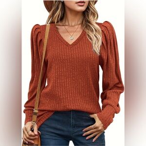 HOTOUCH Women's Knit Shirt Soft Puff Long Sleeve Blouse- Caramel orangish color
